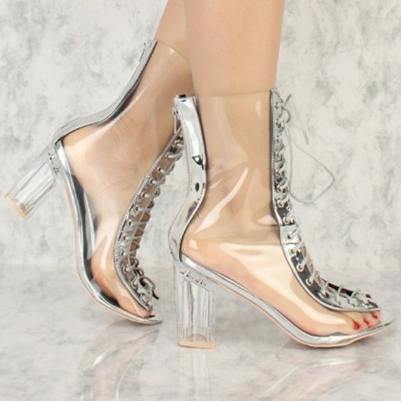 Silver Perplex Clear Lucite Peep Toe Bootie Boots - NO BOX - Picture 4 of 5